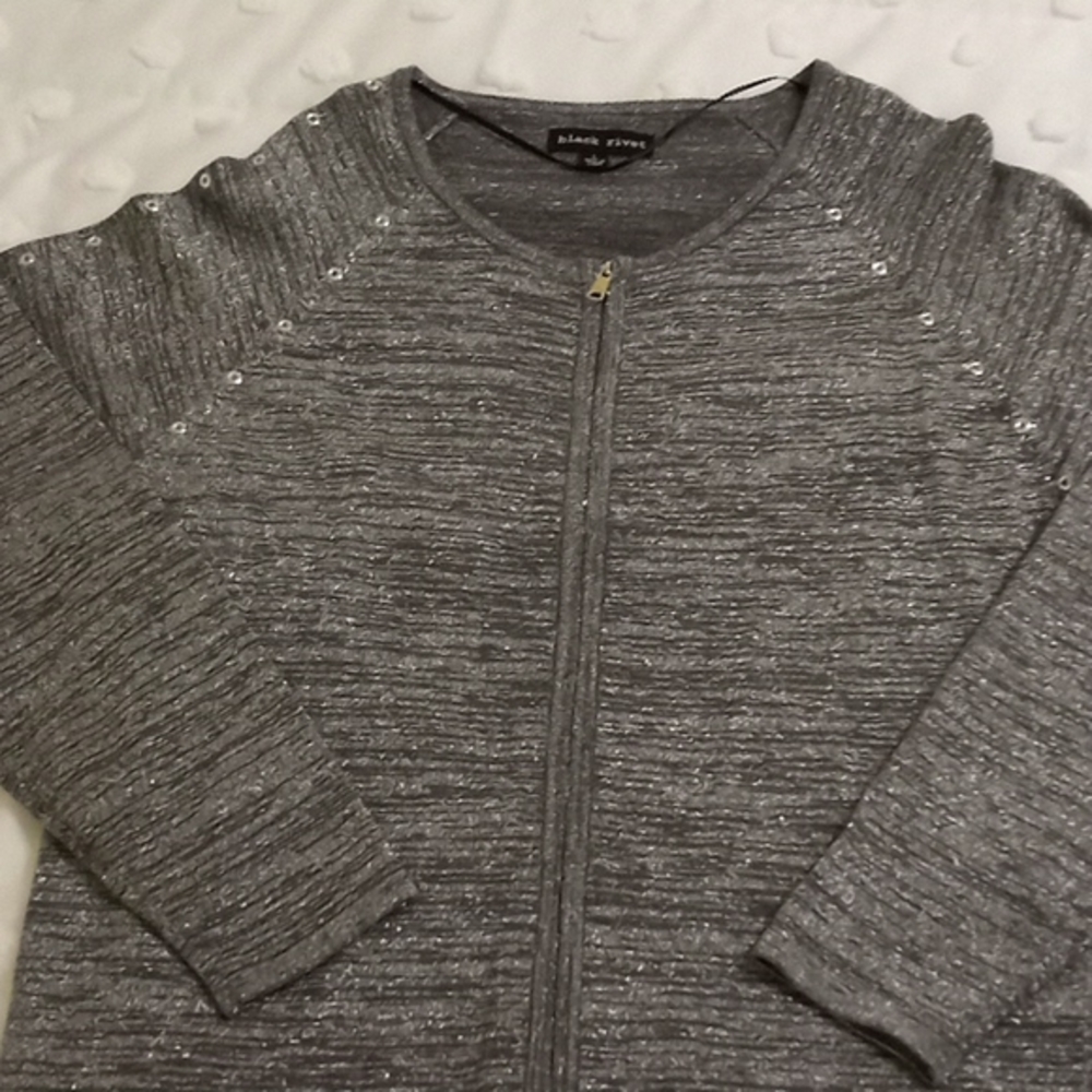 Sweater zip up grey sweater with silver threads running thur sweater,like new.